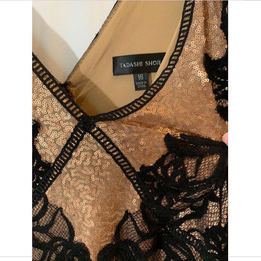 NEW $668 Tadashi Shoji Vulcan Lace Sequin Long Sleeve Gown Copper [SZ‎ 16 ] - Picture 8 of 13